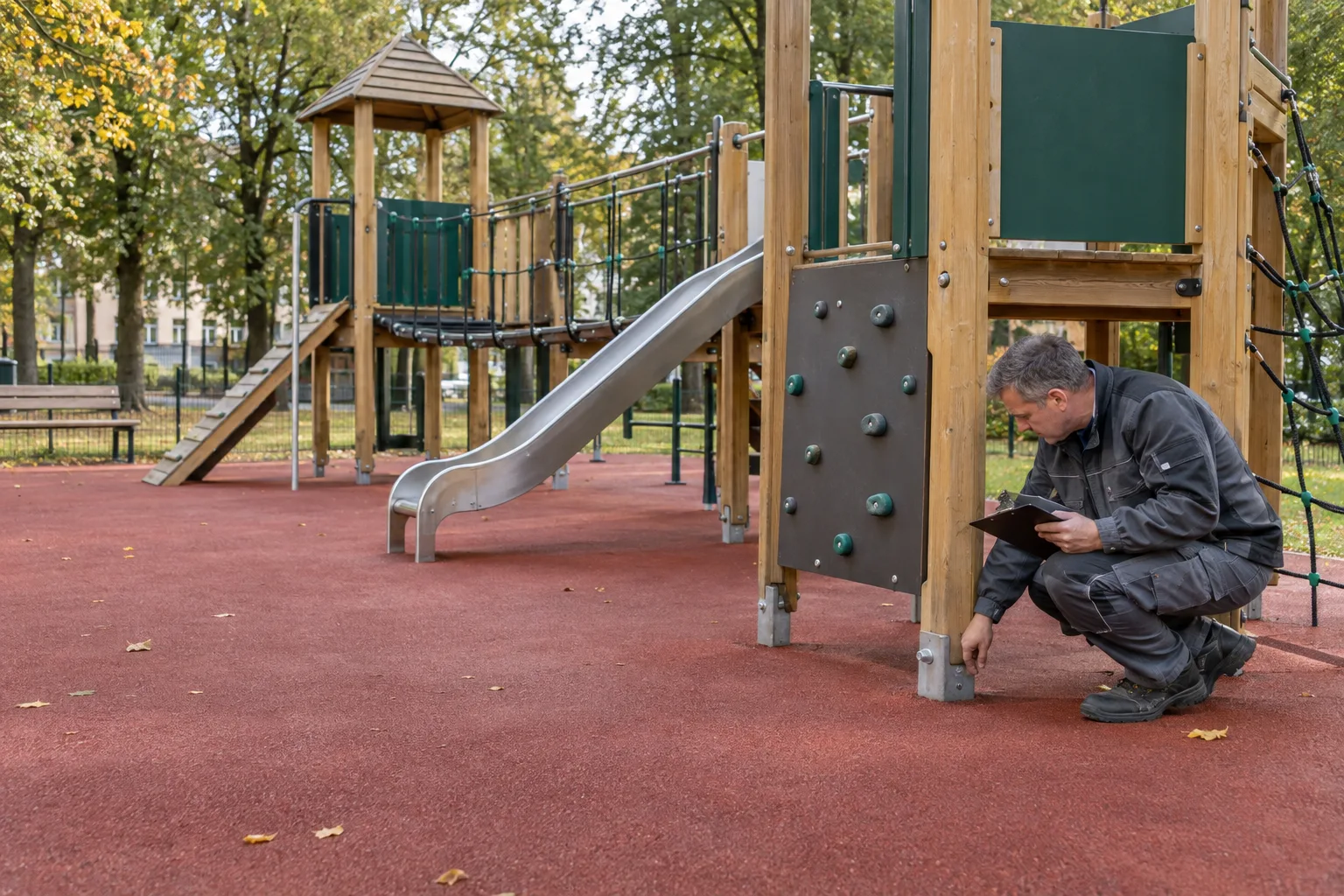 Kontrola drewnianego urządzenia na placu zabaw